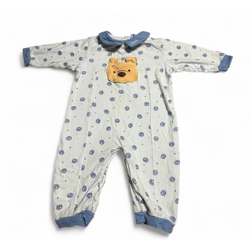 Vintage Disney Winnie Pooh Baby Romper 6-9M Blue Footless 90s Honey Pot